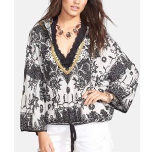 Free People Kabuk Hoodie Sweater Black White Boho Top XS